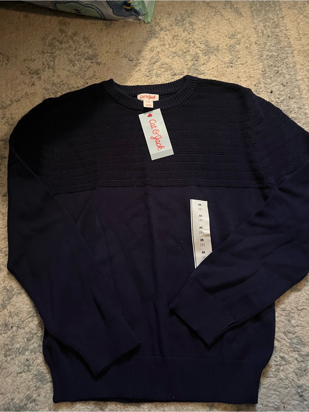 Cat & Jack Boys Dark Navy Textured Yoke Crewneck Sweater